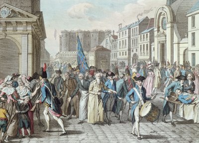Prisonniers dans la rue Saint-Antoine après leur libération de la Bastille le 14 juillet 1789 - French School