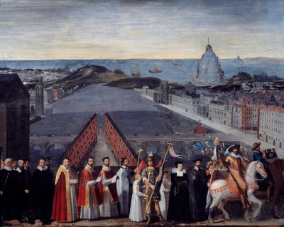Procession de la confiture parisienne des pèlerins de Saint Michel du Mont sur le Pont Neuf. Peinture anonyme. XVIIe siècle. Dim 0,80 x 1,05 m Paris, Musée Carnavalet - French School