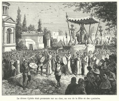 Procession du char de la déesse romaine Cybèle, précédée de joueurs de flûte et de cymbales - French School