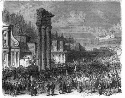 Proclamation de la République romaine en 1798. Gravure dans « Histoire des Papes-Rois-Reines et Empereurs à travers les siècles » par Maurice Lachatre - French School