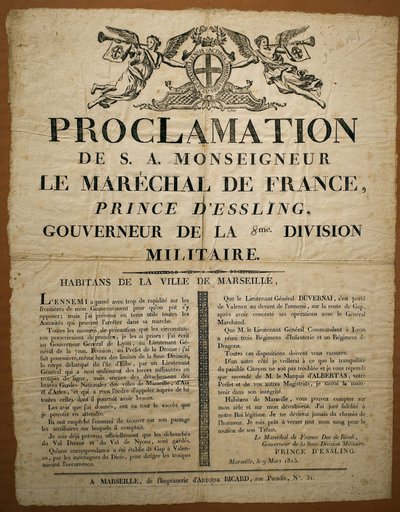 Proclamation aux habitants de la ville de Marseille, datée du 9 mars - French School