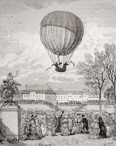 Le professeur Jacques Charles et Nicolas-Louis Robert volent le premier ballon à hydrogène habité au monde le 1er décembre 1783 dans les jardins des Tuileries, Paris, de 