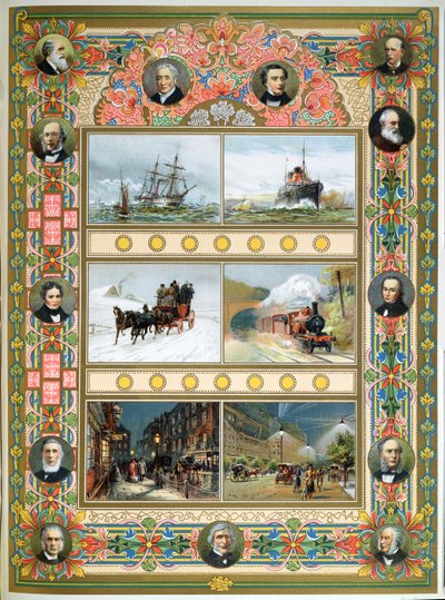 Progrès sous le règne de la Reine Victoria (1819-1901). Navires à voile, navires à vapeur, train à vapeur et éclairage public au gaz et électrique, 1887 - French School