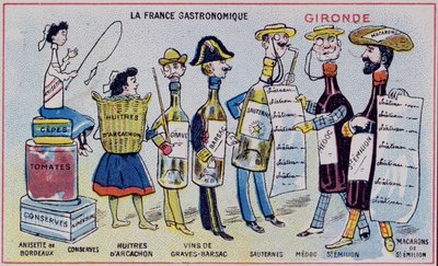 Carte promotionnelle et éducative pour enfants représentant les spécialités alimentaires de la région de la Gironde, vers 1910 - French School
