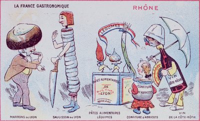 Carte promotionnelle et éducative pour enfants des spécialités alimentaires de la région du Rhône, vers 1900 - French School