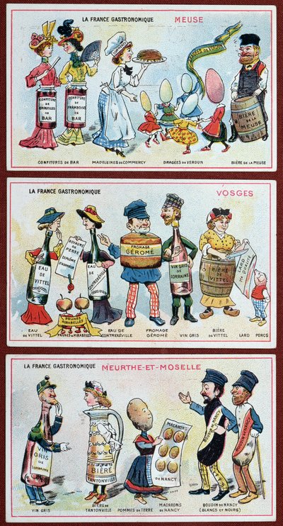 Cartes promotionnelles et éducatives pour enfants représentant les spécialités alimentaires de la région Lorraine, c.1910 - French School