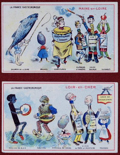 Cartes promotionnelles et éducatives pour enfants représentant les spécialités alimentaires des régions du Maine-et-Loire et du Loir-et-Cher, vers 1910 - French School