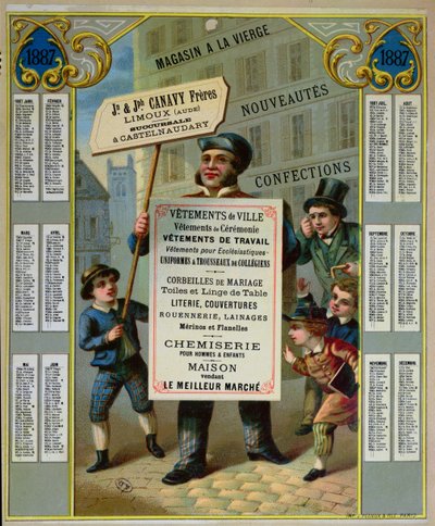 Calendrier promotionnel pour 1887 faisant la publicité des tailleurs et mercerie Canavy Frères, vers 1886 - French School