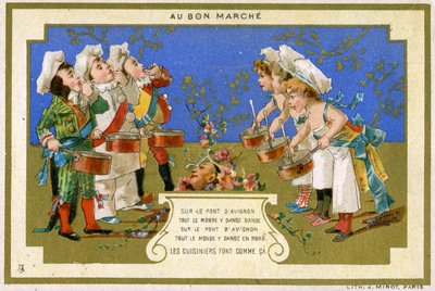 Carte promotionnelle pour le magasin parisien Au Bon Marché, représentant des cuisiniers dansant sur le Pont d