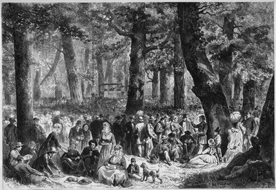 Coutume protestante : le "zendingsfeest" ou fête des missions tenue en Hollande. Les pèlerins mangent pendant le discours du prédicateur. Gravure dans "Le Monde Illustré" n°853 du 16 août 1873 - French School