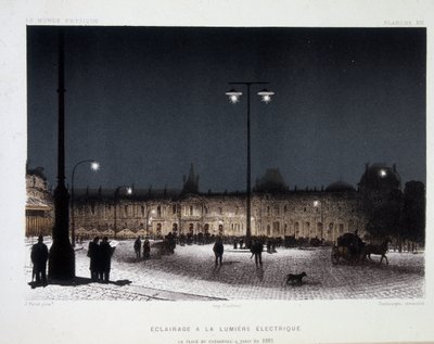 Éclairage public avec lumière électrique sur la place du Carrousel à Paris 1883 - dans « Magnétisme et Électricité » par Amédée Guillemin - French School