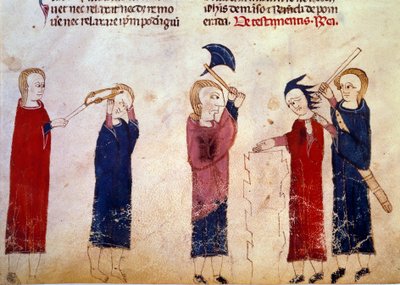 Punition : torture des coupables. Miniature du manuscrit "Coutumes de Toulouse" - French School