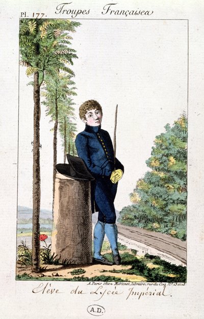 Élève du Lycée Impérial à Paris appuyé contre un arbre, planche 177 de Troupes Françaises, vers 1805-10 - French School