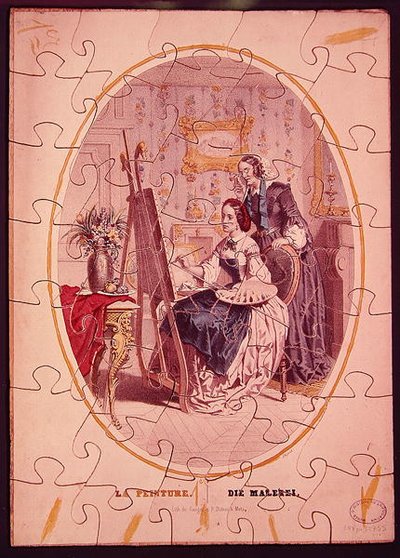 Pièces de puzzle représentant une femme peignant sur un chevalet, vers 1840-50 - French School