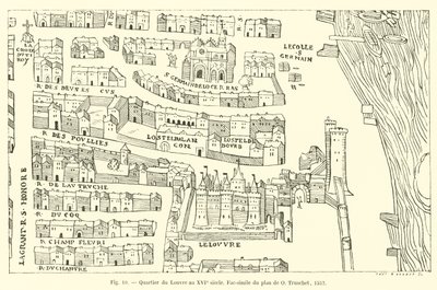 Quartier du Louvre au XVIe siècle, Fac-similé du plan de O Truschet, 1552 - French School