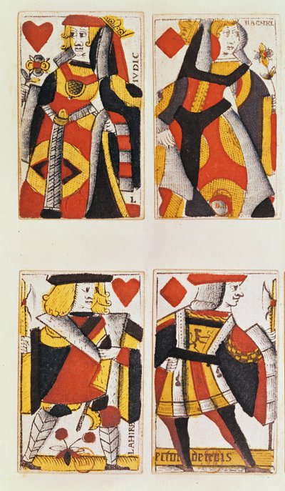 Reine et Valet jouant aux cartes (gravure sur bois en couleur) - French School