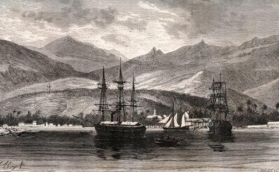 Rade de Tahiti - gravure dans "La France illustrée: géographie, histoire, administration statistique" par V.A. Malte-Brun. 1884 - French School