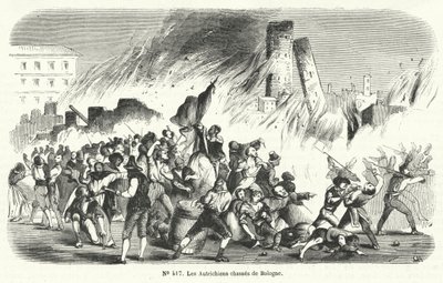 Les rebelles chassant les Autrichiens de Bologne, Italie, 1848 - French School