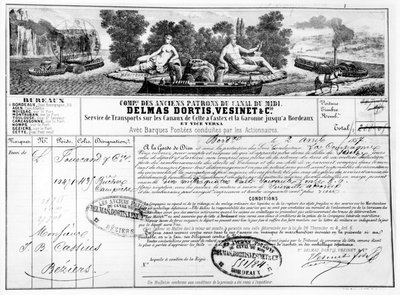Reçu émis par la Compagnie du Canal du Midi pour le transport de marchandises de Bordeaux à Béziers, 1857 - French School