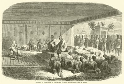 Réception du voyageur par les rois du Laos (gravure) - French School