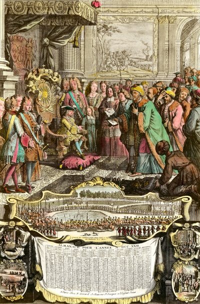 Réception de Mehemet Effendi ambassadeur turc du grand Sultan Achmet par Louis XV le 21 mars 1721 aux Tuileries. Gravure du XVIIIe siècle. Collection privée - French School