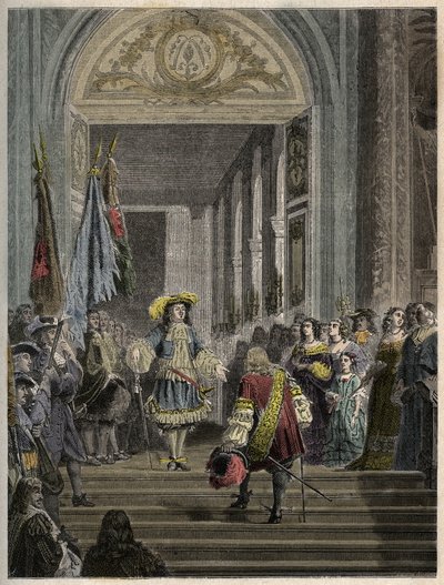 Réception du Grand Condé à Versailles par Louis XIV - escalier des ambassadeurs - Réception du Grand Condé (Louis II de Bourbon Condé) par le roi de France Louis XIV à Versailles en 1674. gravure dans « PATRIE - DESCRIPTION PICTURESQUE DE LA FRANCE » - French School