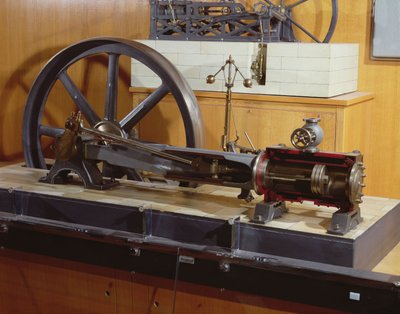 Reconstruction de la machine à vapeur inventée par George Henry Corliss (1817-88) (métal) - French School