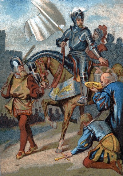 Reprise de Calais sur les Anglais par le duc de Guise en 1558. Chromolithographie de la série "Éducation patriotique par l