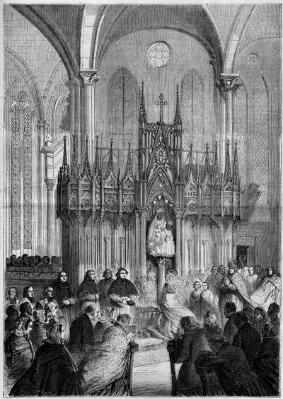 Art religieux : statue de Notre Dame du Pilier ou « Vierge Noire » (vers 1540) dans la cathédrale de Chartres (Eure-et-Loir, 28) en 1858. Gravure dans « Le Monde Illustré » n°89 du 25 décembre 1858. - French School