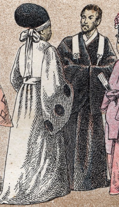 Costumes religieux en Asie : deux prêtres shinto du Japon - Gravure - French School