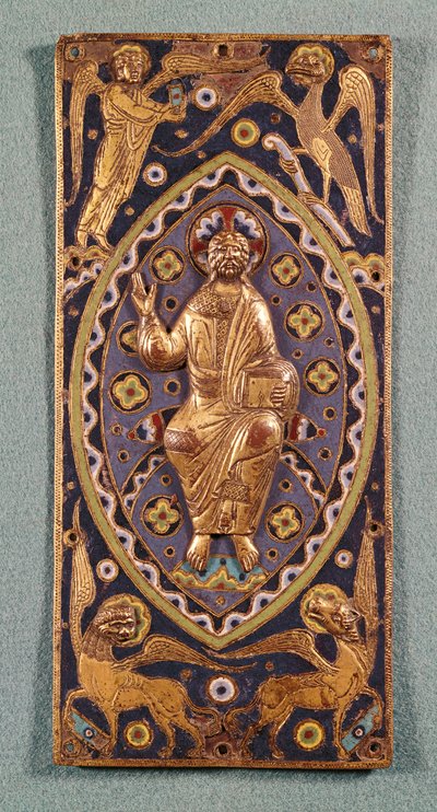 Plaque reliquaire représentant le Christ avec les symboles des évangélistes (cuivre émaillé) - French School