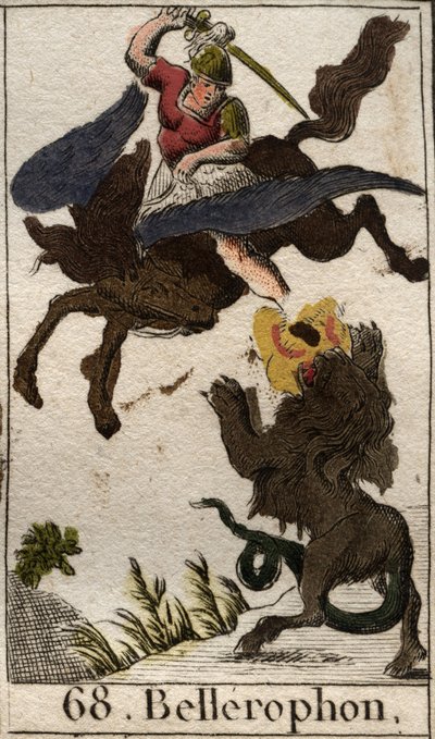 Représentation de Bellérophon, chevauchant Pégase, tuant la chimère. De « Mythologie de la jeunesse » par Pierre Blanchard 1803 - French School