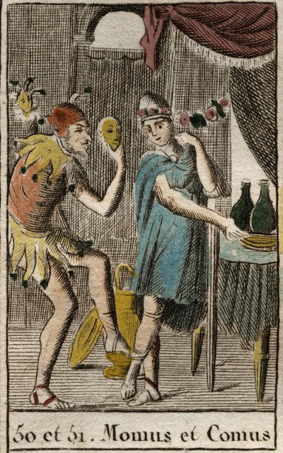 Représentation de Comus, divinité des gourmets et de la cuisine, il préside les festins, représenté appuyé sur un pieu avec une torche et Momos, personnification de la moquerie et du sarcasme, représenté comme un bouffon de cour. De « Mythologie de la Jeun - French School