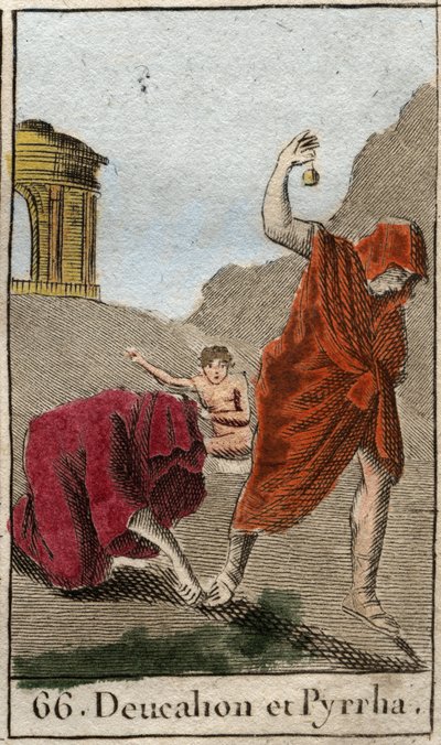 Représentation de Deucalion et Pyrrha, les seuls survivants après le déluge causé par Zeus pour détruire la race humaine. Themis après le déluge leur demande de marcher la tête couverte en jetant derrière eux les os de leur mère (les pierres de la Terre). - French School