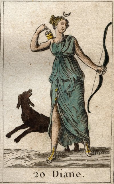 Représentation de Diane, déesse de la chasse, elle tient un arc et des flèches. De "Mythologie de la Jeunesse" par Pierre Blanchard 1803. - French School