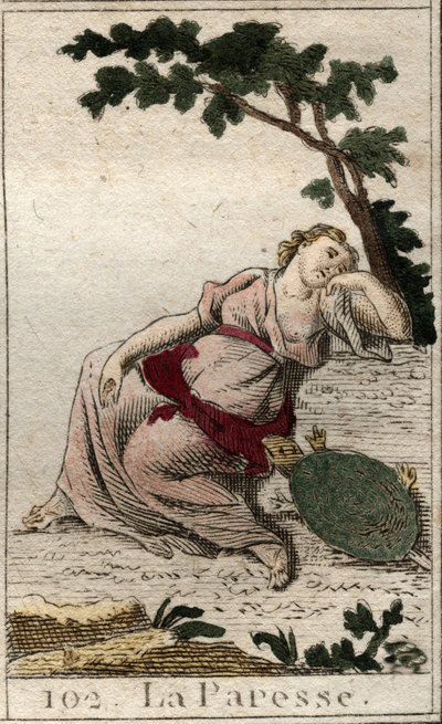 Représentation de la Paresse, fille de la Nuit et du Sommeil, comme un jeune homme avec une tortue. De « Mythologie de la jeunesse » par Pierre Blanchard 1803. - French School