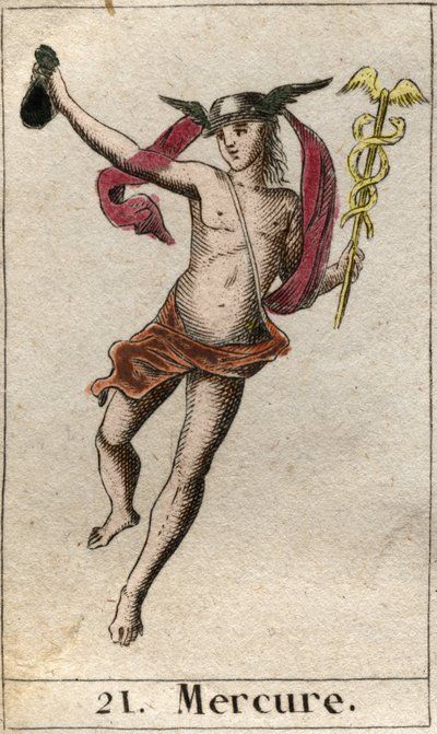Représentation de Mercure, dieu du commerce, des voyages et messager des autres dieux. Il tient un caducée et porte un pétase. De "Mythologie de la Jeunesse" par Pierre Blanchard 1803. - French School