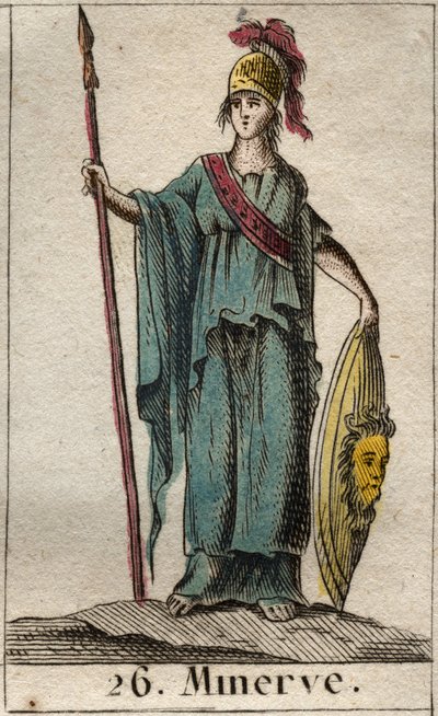 Représentation de Minerve, déesse des arts, de la guerre et des sciences. Elle porte une armure. De "Mythologie de la jeunesse" par Pierre Blanchard 1803. - French School