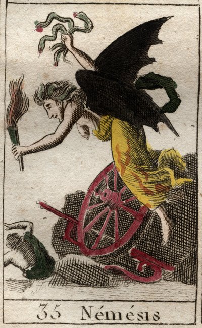 Représentation de Némésis, déesse de la Vengeance, représentée comme une femme ailée tenant une torche, des serpents, une roue et un gouvernail. - French School