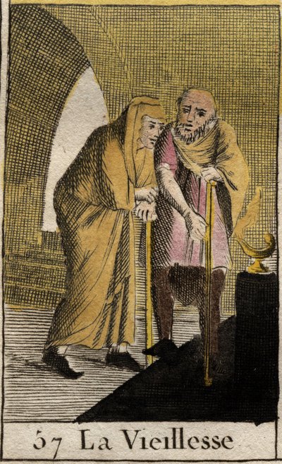 Représentation de la Vieillesse, vieille femme appuyée sur un bâton. De « Mythologie de la jeunesse » par Pierre Blanchard 1803 - French School