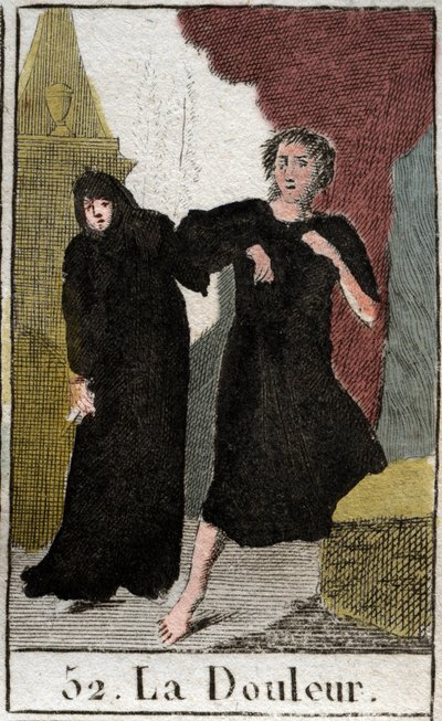 Représentation de la Douleur, personnifiée comme une femme vêtue de noir se déplaçant dans l