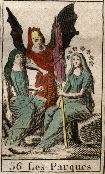 Représentation des Parques, Clotho, Lachésis et Atropos, divinités du destin humain, de la naissance à la mort, comme des femmes très âgées filant. De « Mythologie de la Jeunesse » par Pierre Blanchard 1803 - French School