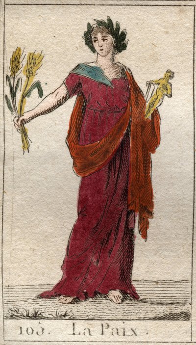 Représentation de la Paix, comme une femme couronnée de lauriers, tenant une gerbe. De « Mythologie de la jeunesse » par Pierre Blanchard 1803. - French School