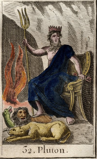 Représentation de Pluton, dieu des Enfers, avec à ses pieds Cerbère, chien à trois têtes, gardien des Enfers. De « Mythologie de la jeunesse » par Pierre Blanchard 1803. - French School