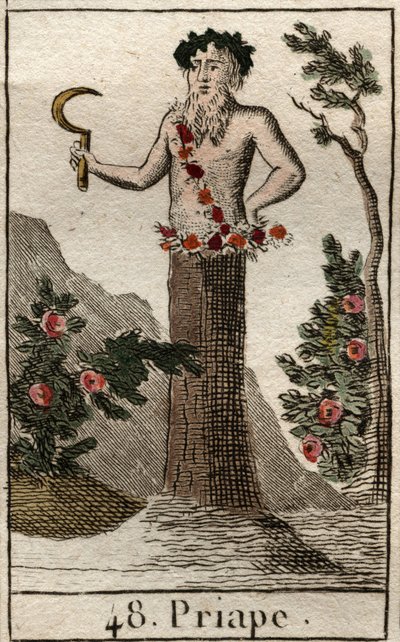 Représentation de Priape, dieu de la débauche et de la fertilité, souvent représenté avec un pénis géant en érection, tenant une faucille. De « Mythologie de la jeunesse » par Pierre Blanchard 1803. - French School