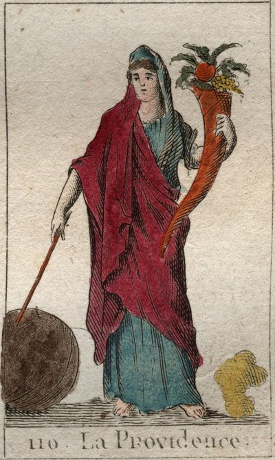 Représentation de la Providence, en vieille femme, tenant une corne d