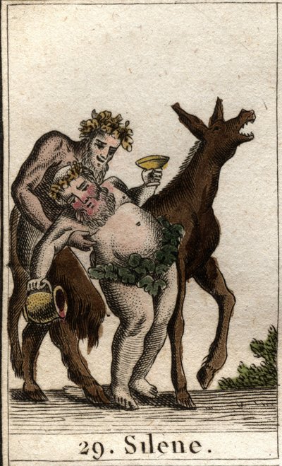 Représentation de Silène, compagnon de Bacchus, ivre, soutenu par un satyre. De « Mythologie de la jeunesse » par Pierre Blanchard 1803. - French School