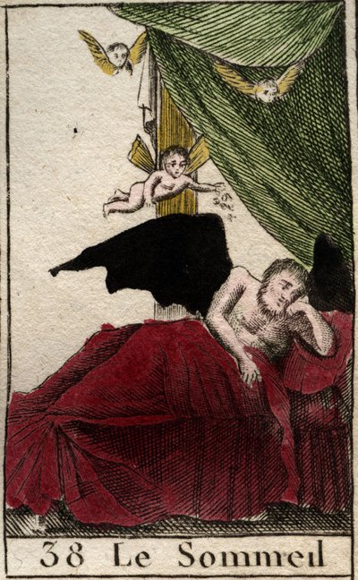 Représentation du Sommeil, reposant éternellement dans un palais, près des ailes des rêves. De « Mythologie de la jeunesse » par Pierre Blanchard 1803. - French School