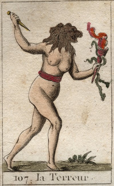 Représentation de la Terreur, comme une femme avec une tête de lion, tenant un couteau et des serpents. De « Mythologie de la jeunesse » par Pierre Blanchard 1803. - French School