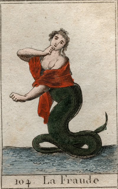Représentation de la tricherie (malhonnêteté), comme un serpent dangereux avec une tête de femme souriante. De « Mythologie de la Jeunesse » par Pierre Blanchard 1803 - French School